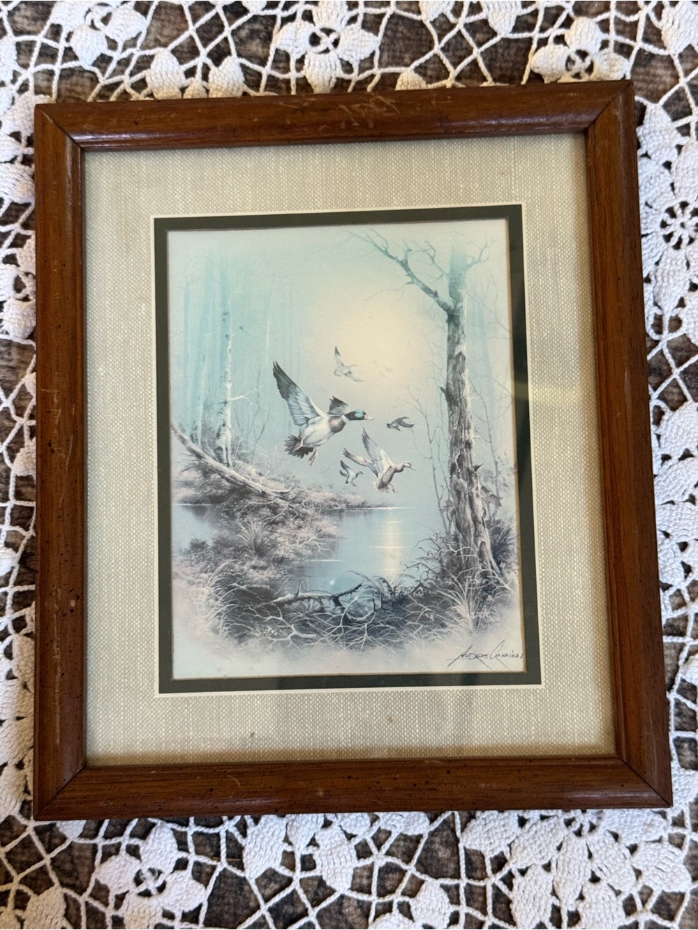 Vintage Framed Duck Hunting Print Signed Andrew Coina Woodland Waterfowl Art